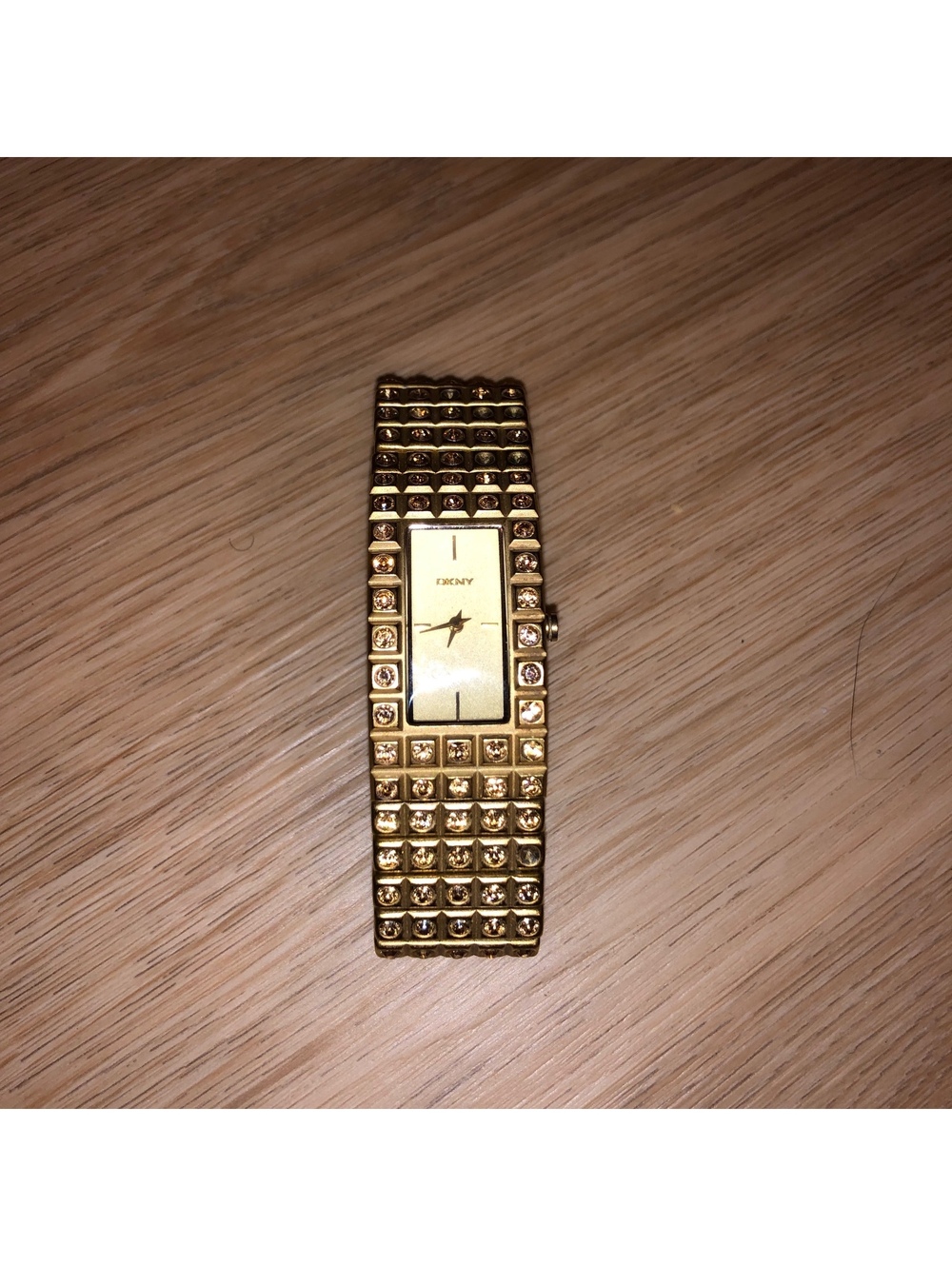 DKNY 5 ROW GOLD CRYSTAL STUDDED WATCH LADIES WOMENS EXPANSION TANK CHAMPAGNE